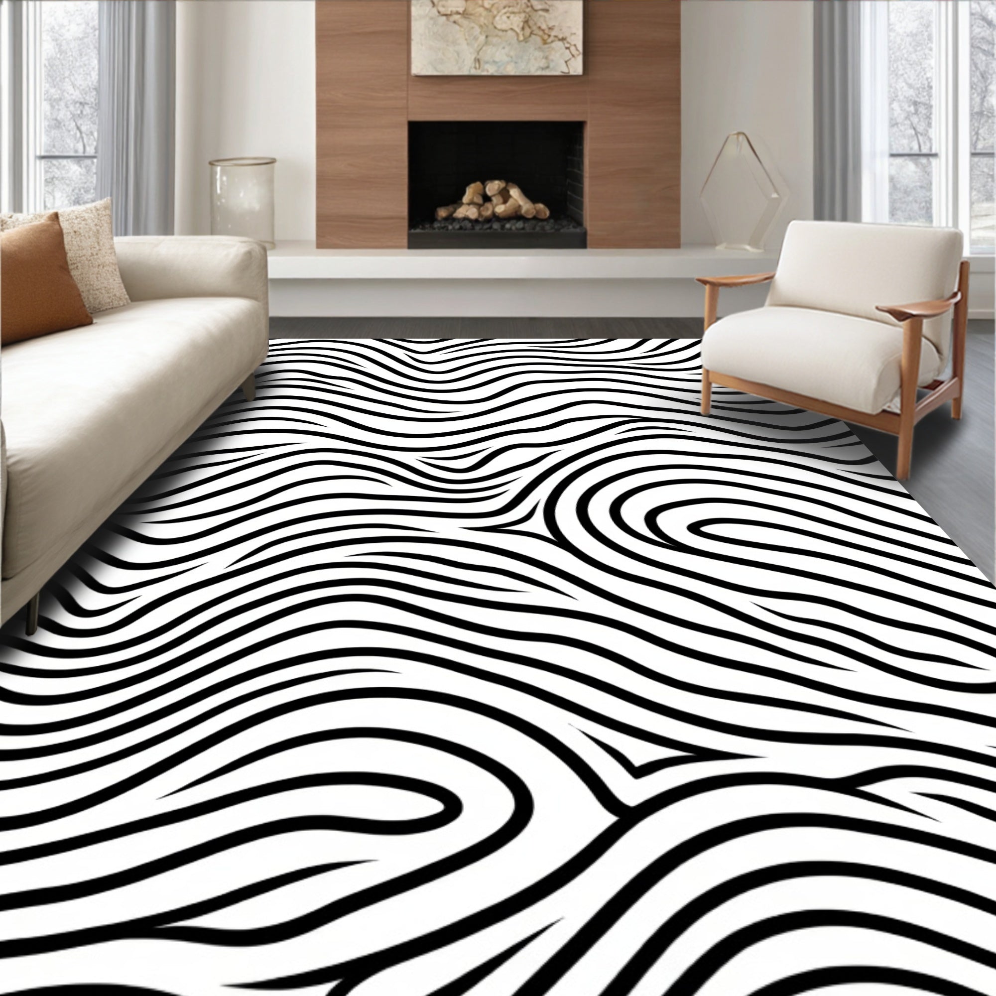 Bold Black White Wavy Lines Rug