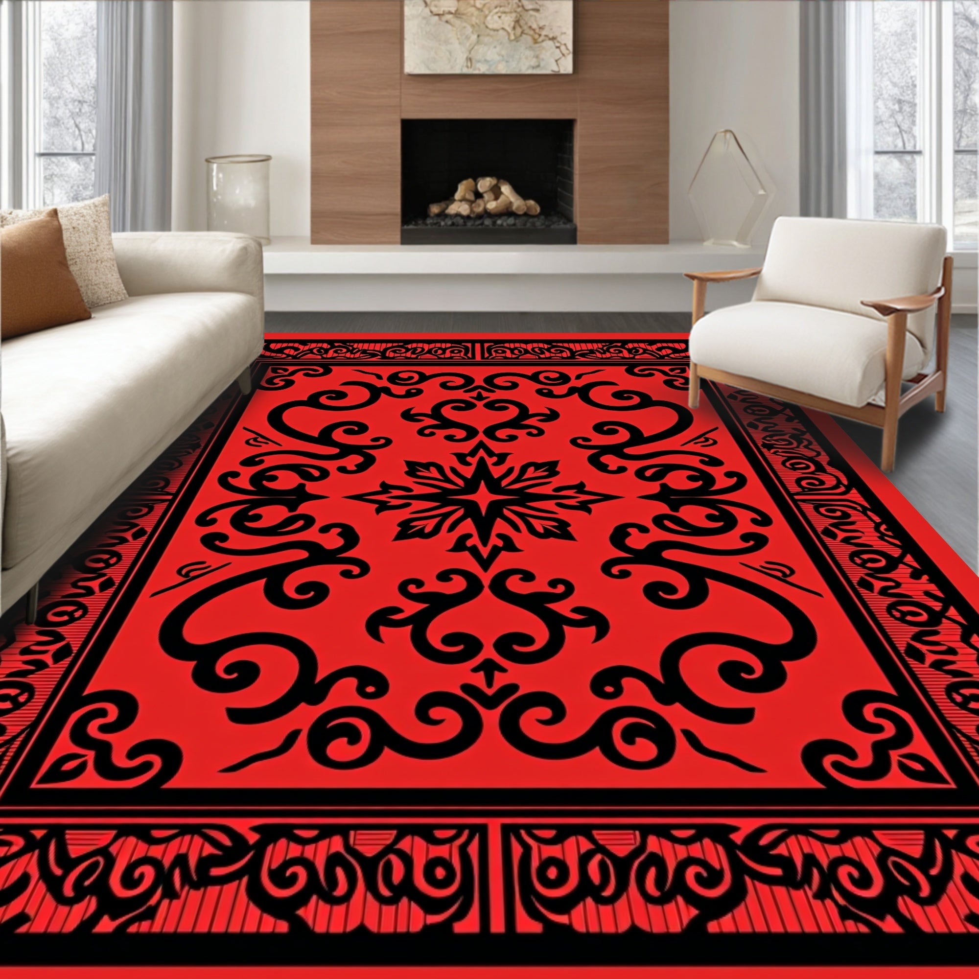 Bold Red and Black Scroll Patterned Rug
