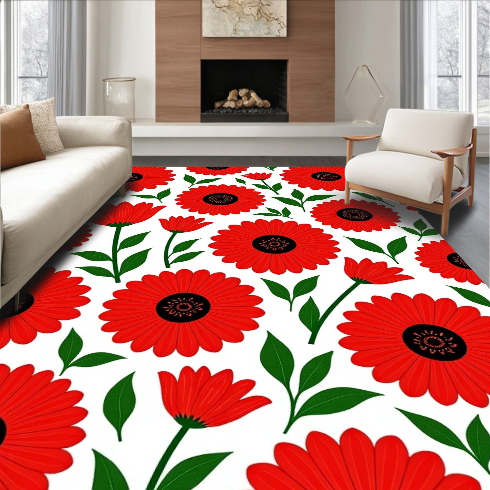 Bold Red Floral Pattern Rug