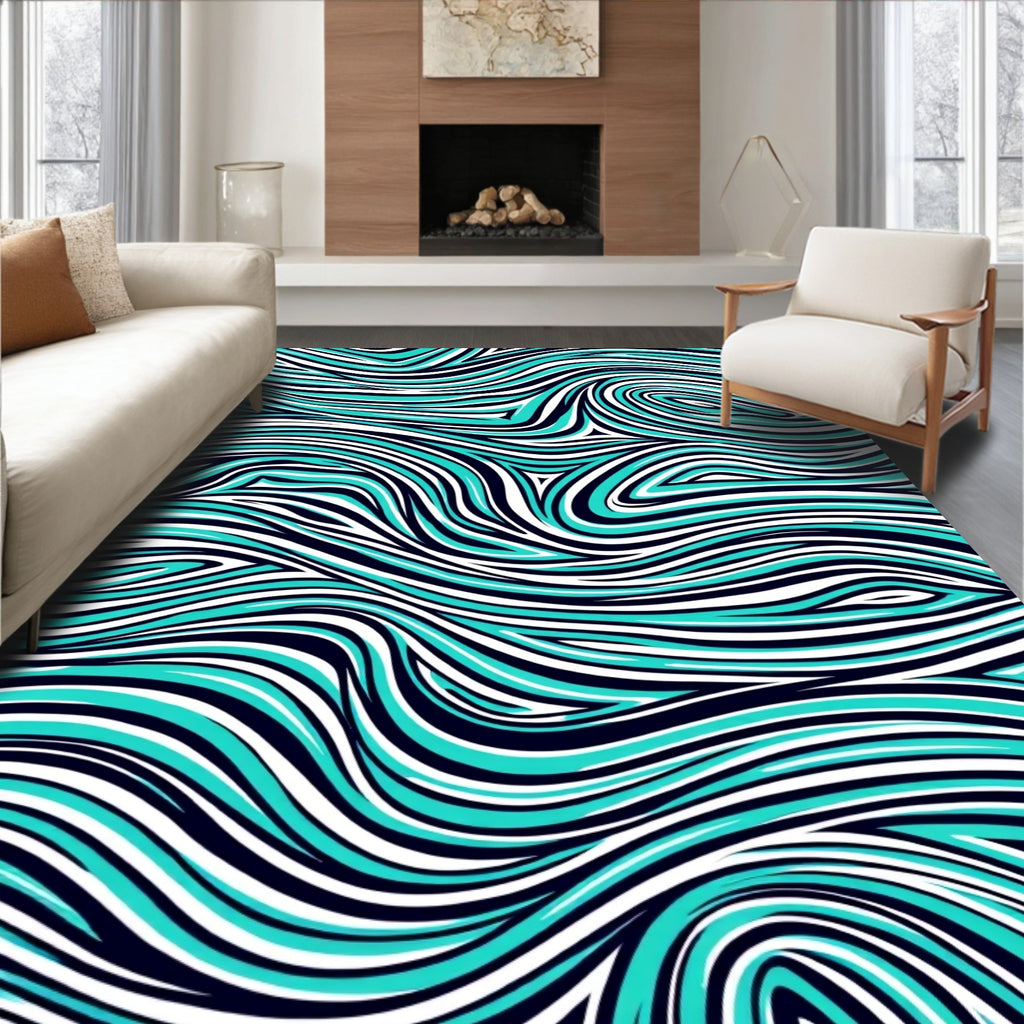Aqua White Blue Wavy Lines Rug