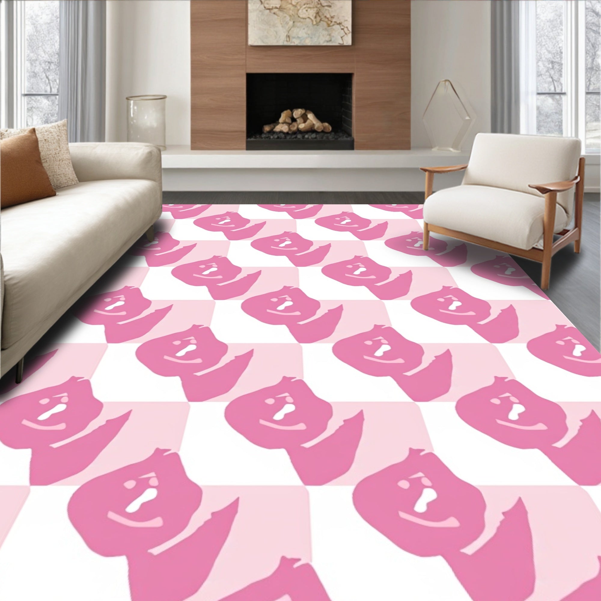 Pink Checkered Abstract Floral Rug