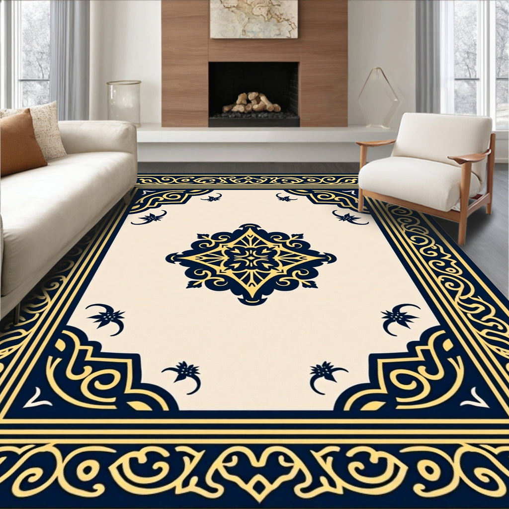 Navy Gold Intricate Floral Scroll Rug