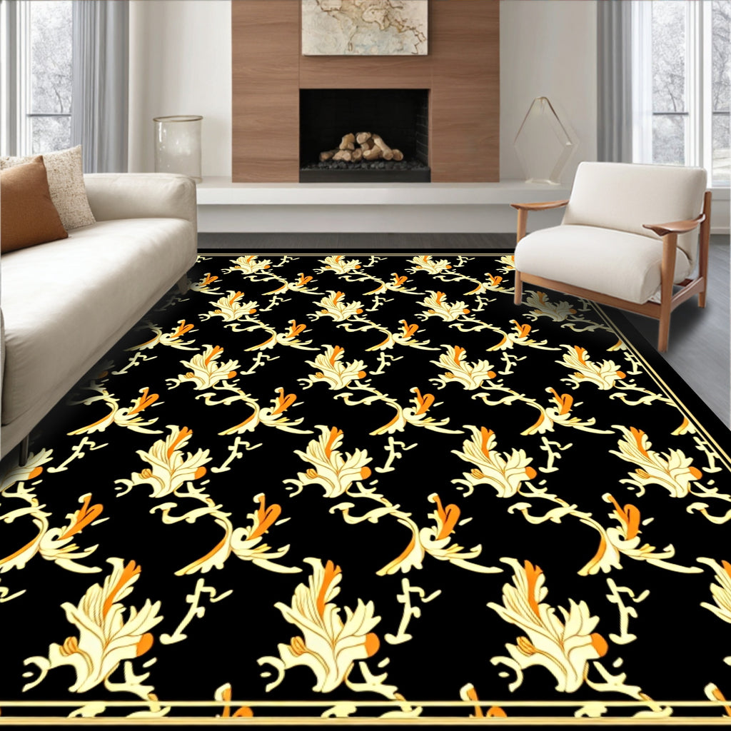 Elegant Gold And Orange Floral Pattern Rug