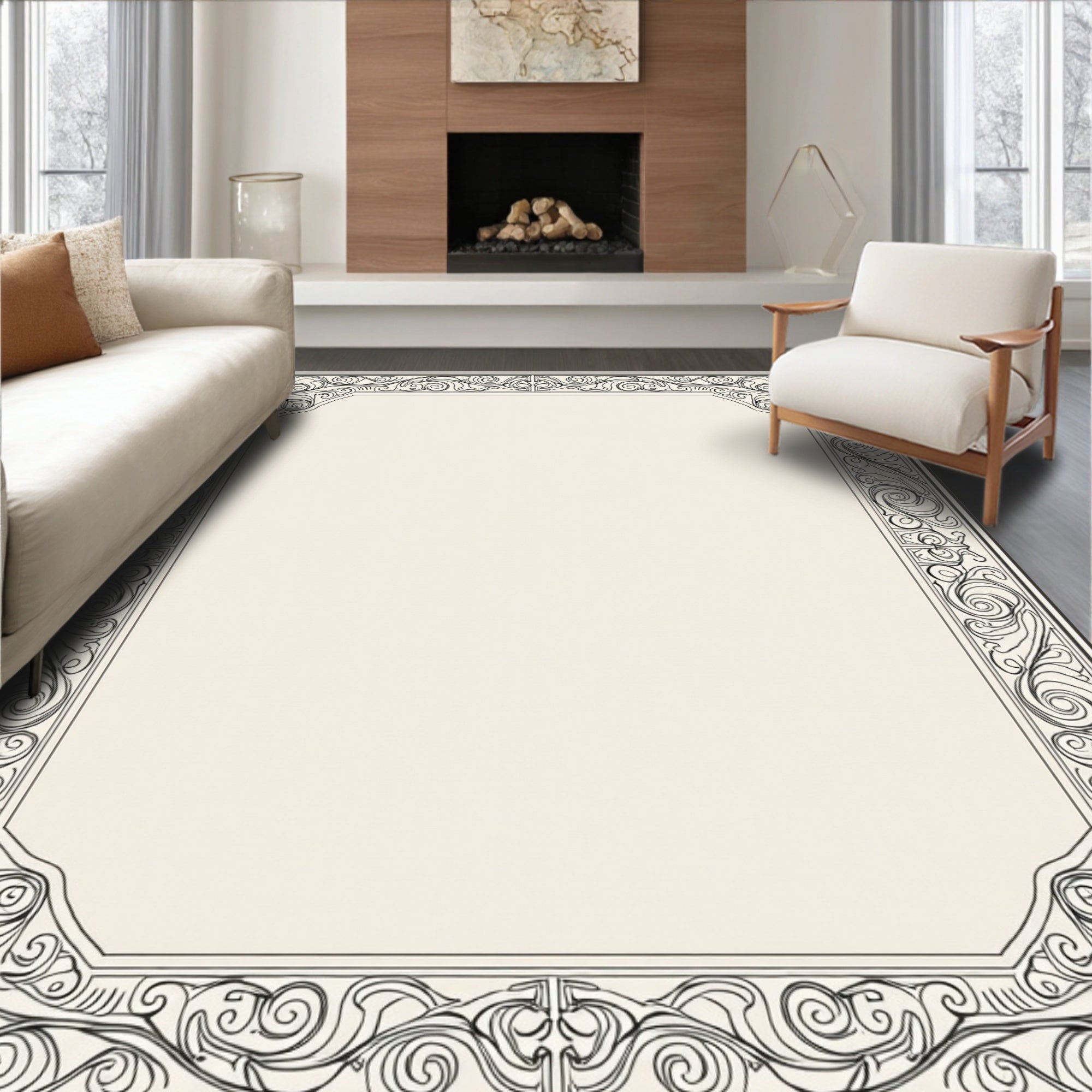 Vintage Swirl Flourish Scroll Border Rug