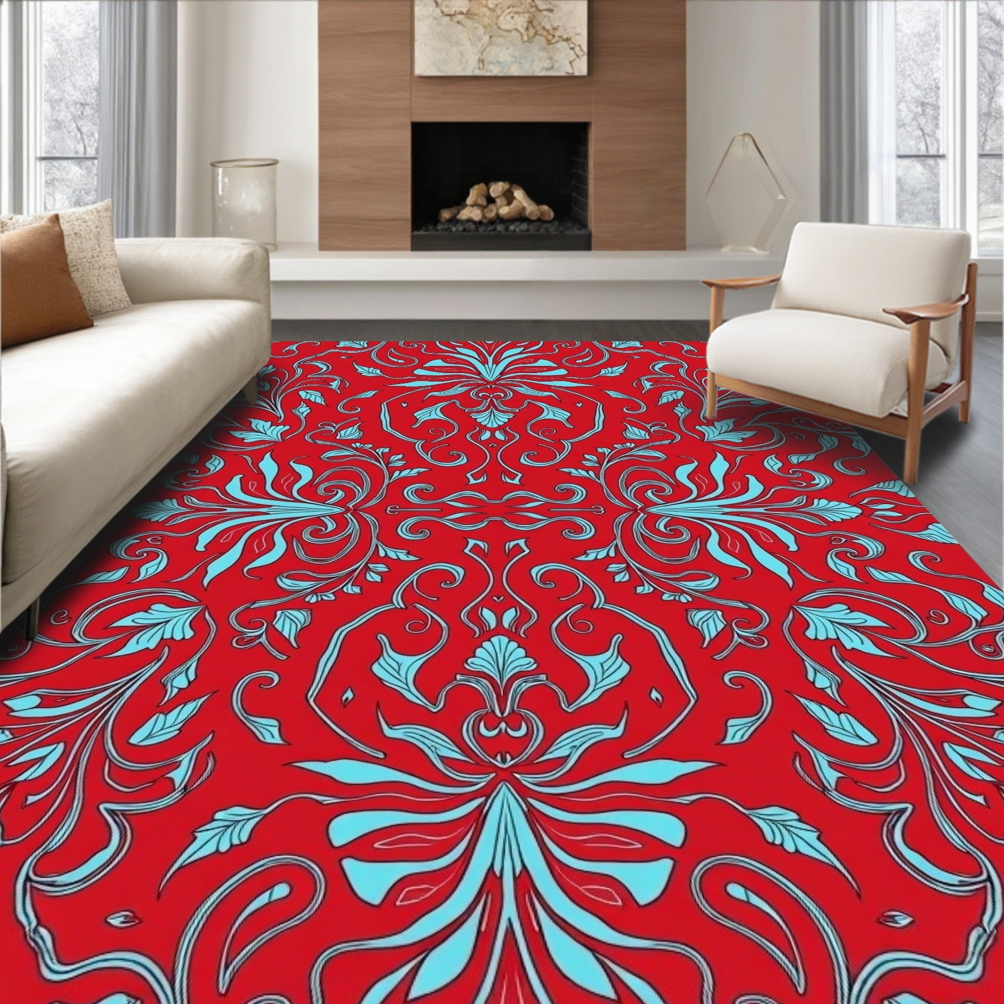 Elegant Red Teal Floral Pattern Rug