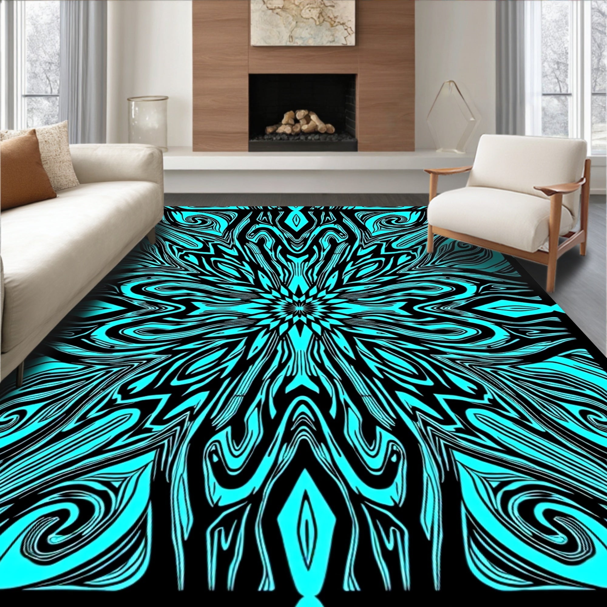Cyan Black Abstract Swirl Floral Pattern Rug