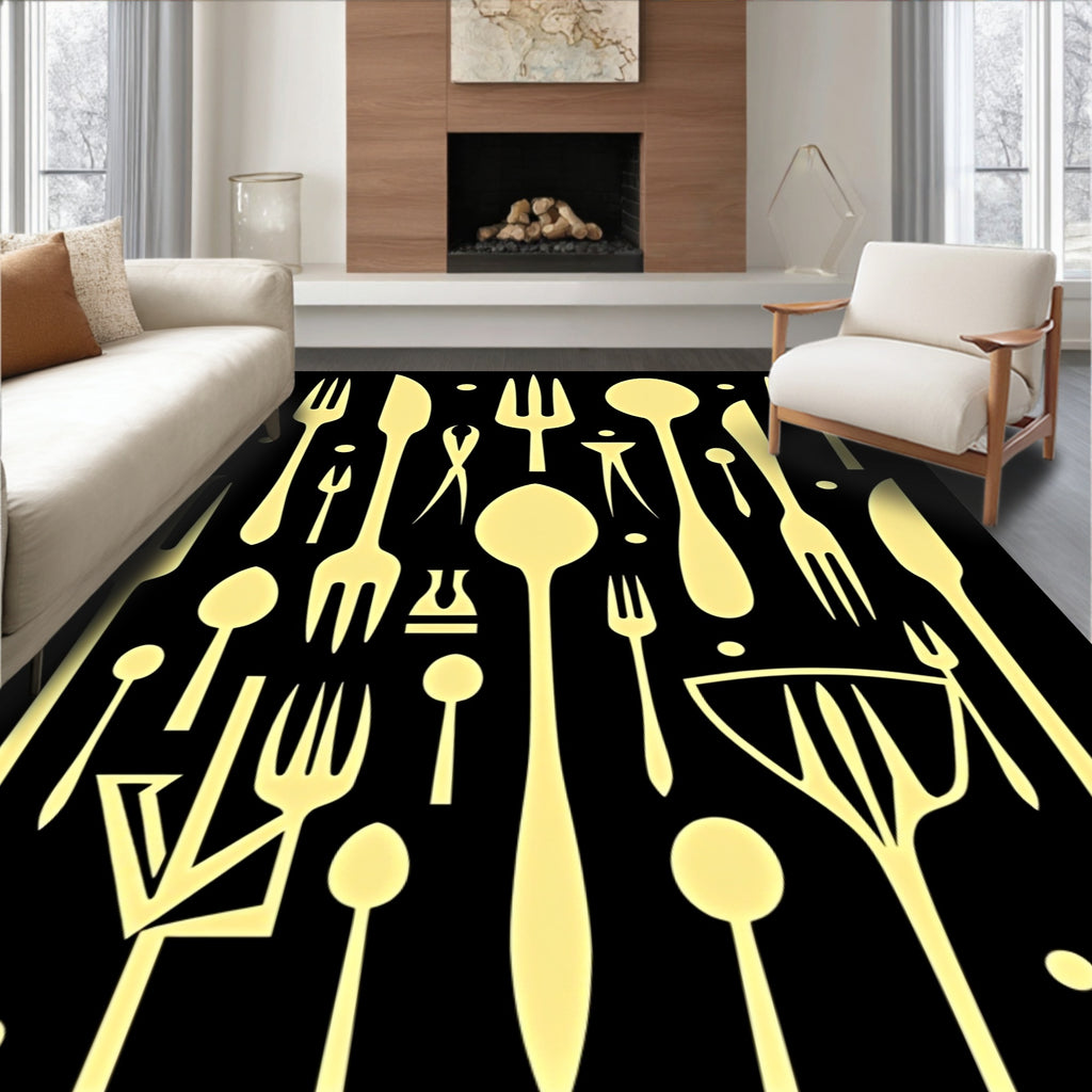 Gold Flatware Arrangement on Black Rug