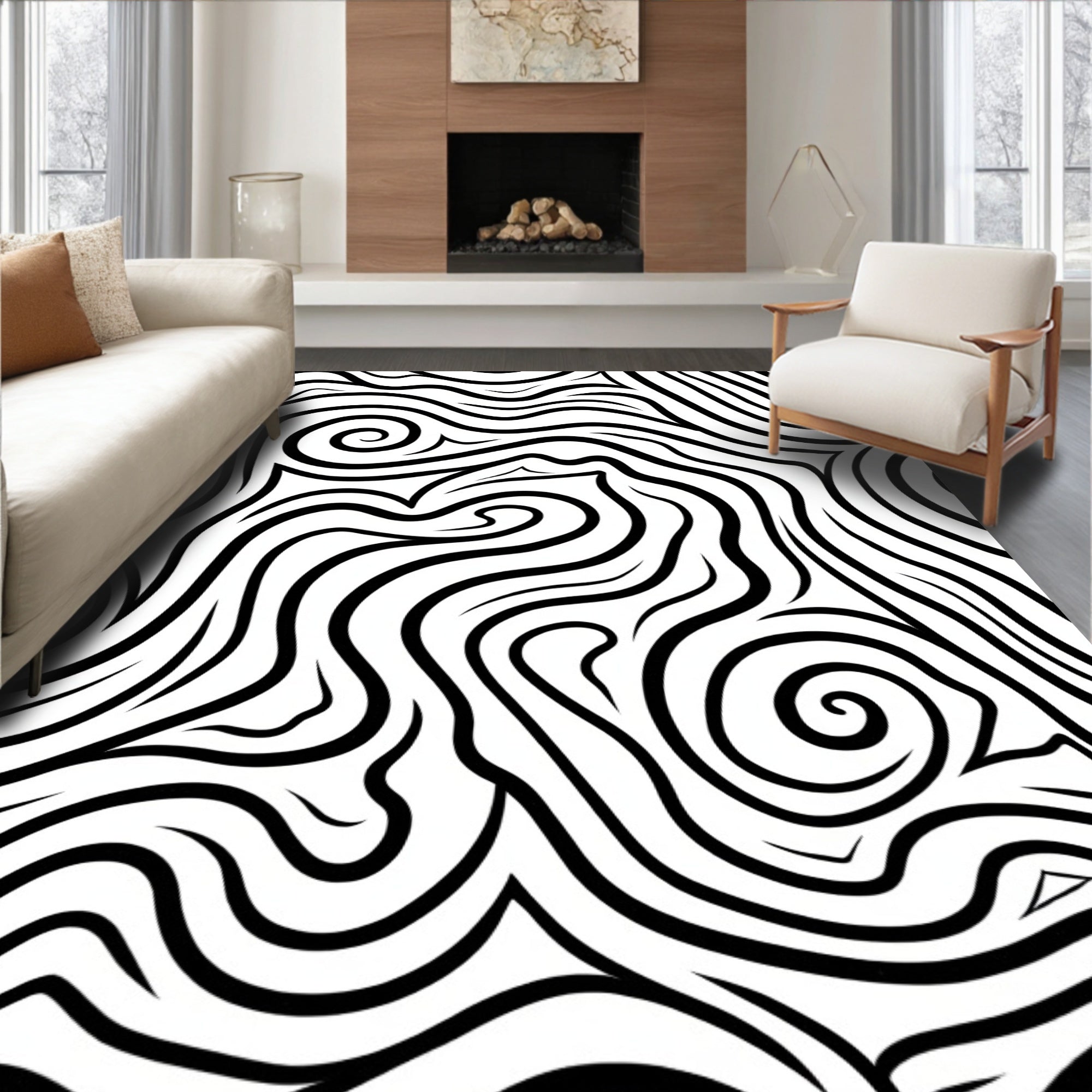 Abstract Swirl Black White Pattern Rug