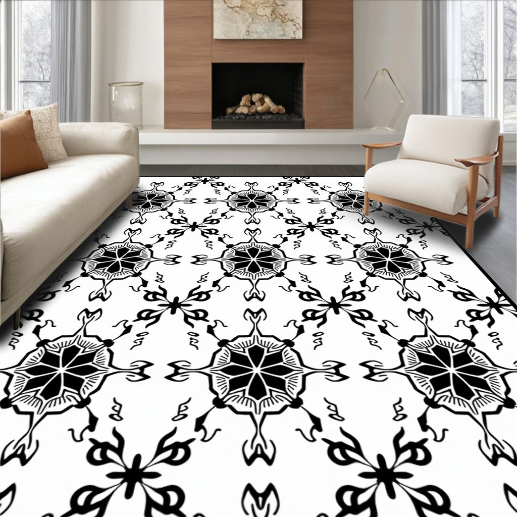 Elegant Black White Floral Motif Rug