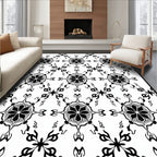 Elegant Black White Floral Motif Rug