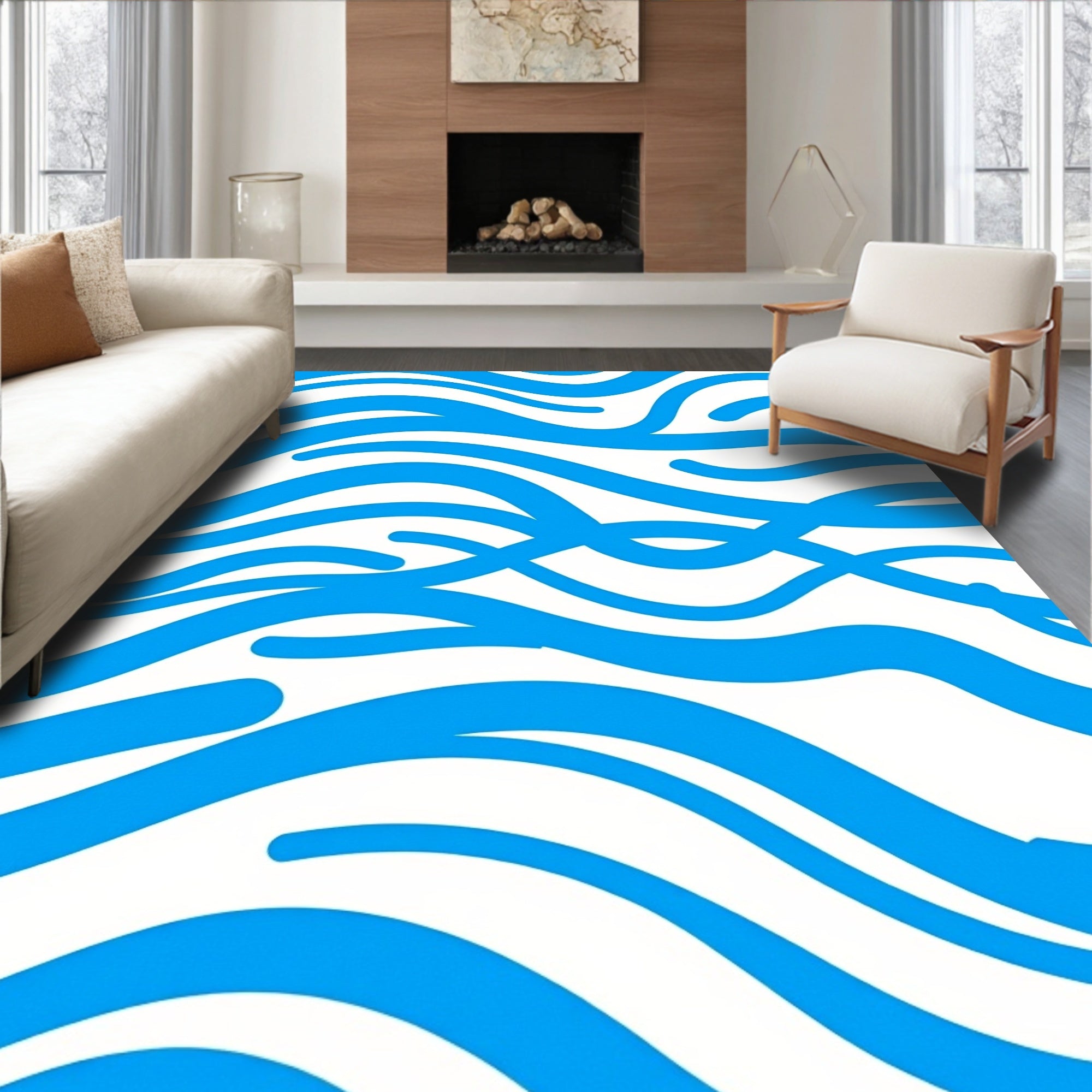 Bold Blue Wavy Stripe Pattern Rug
