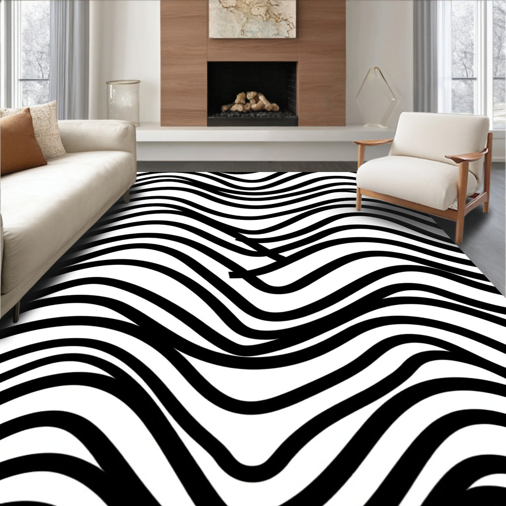 Bold Wave Patterned Monochrome Design Rug