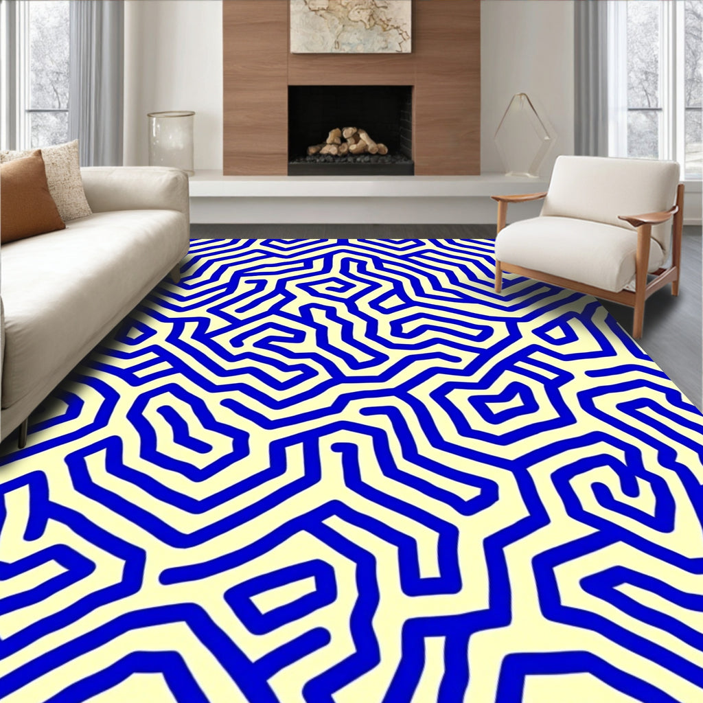 Abstract Blue Maze Pattern Rug