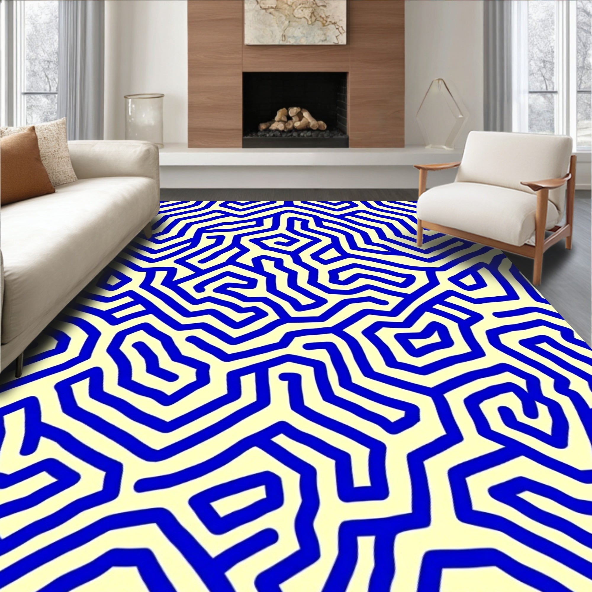 Abstract Blue Maze Pattern Rug