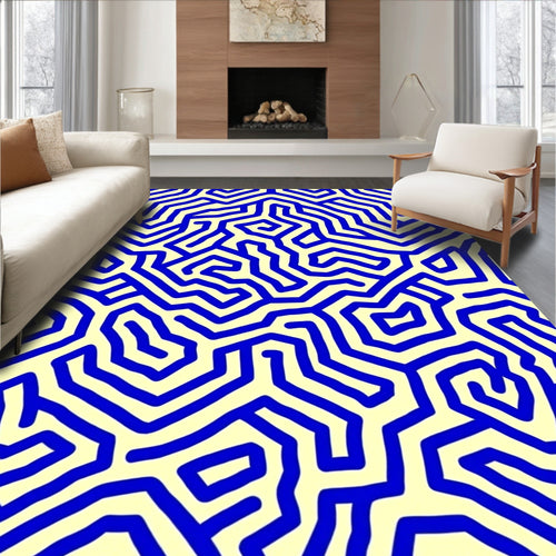 Abstract Blue Maze Pattern Rug
