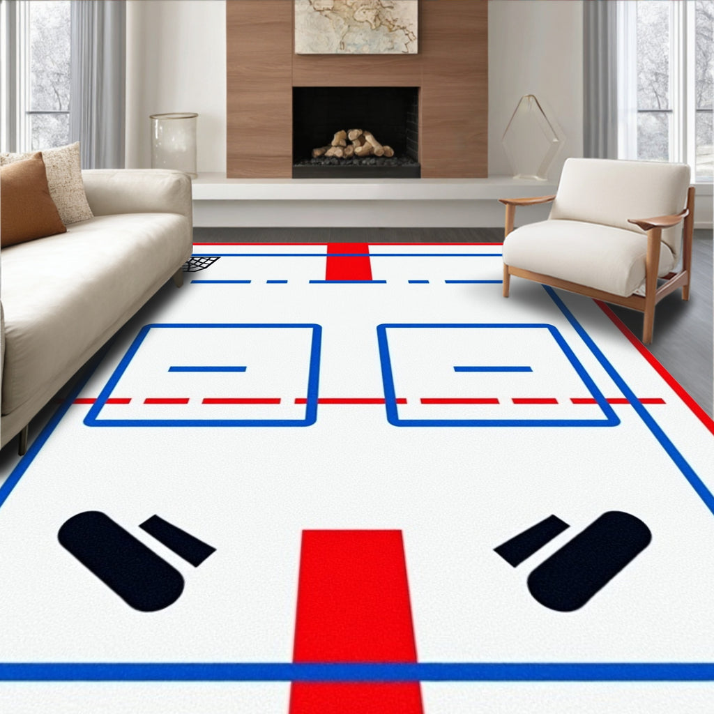 Bold Red Blue Ice Hockey Court Design Rug