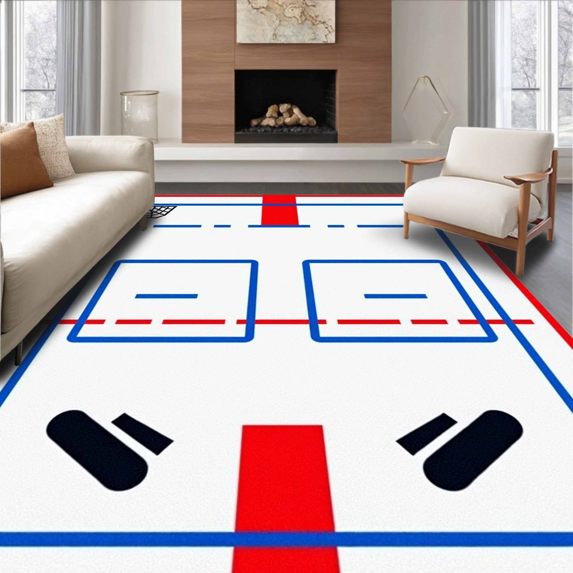 Bold Red Blue Ice Hockey Court Design Rug