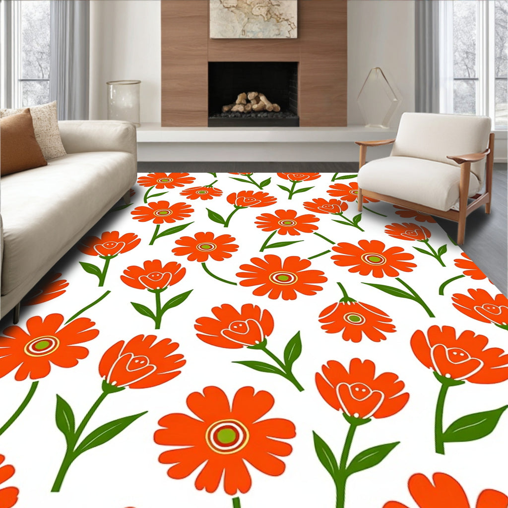 Bright Orange Floral Pattern Rug
