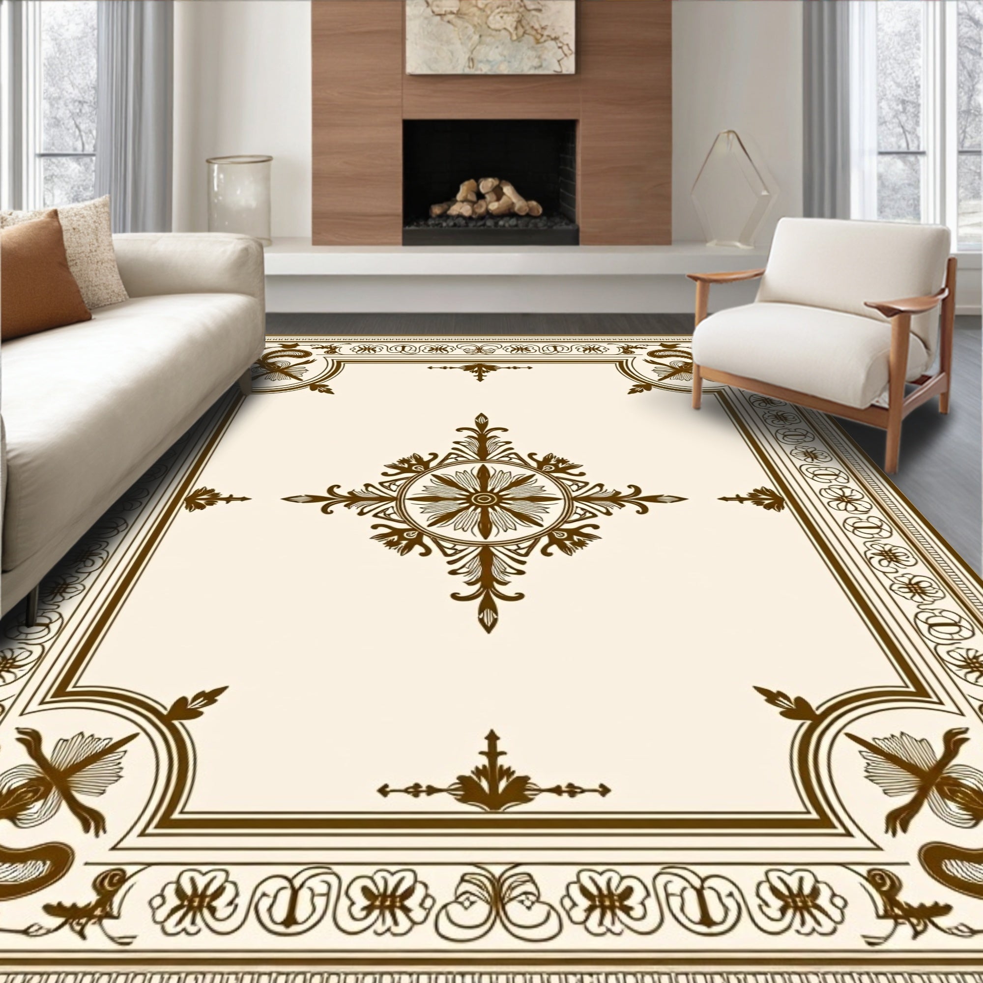 Antique Floral Border Geometric Pattern Rug