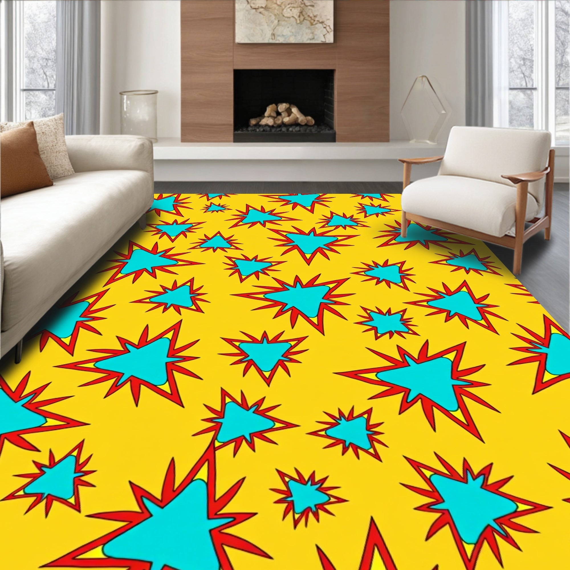 Explosion Pattern With Blue Star Shapes Rug