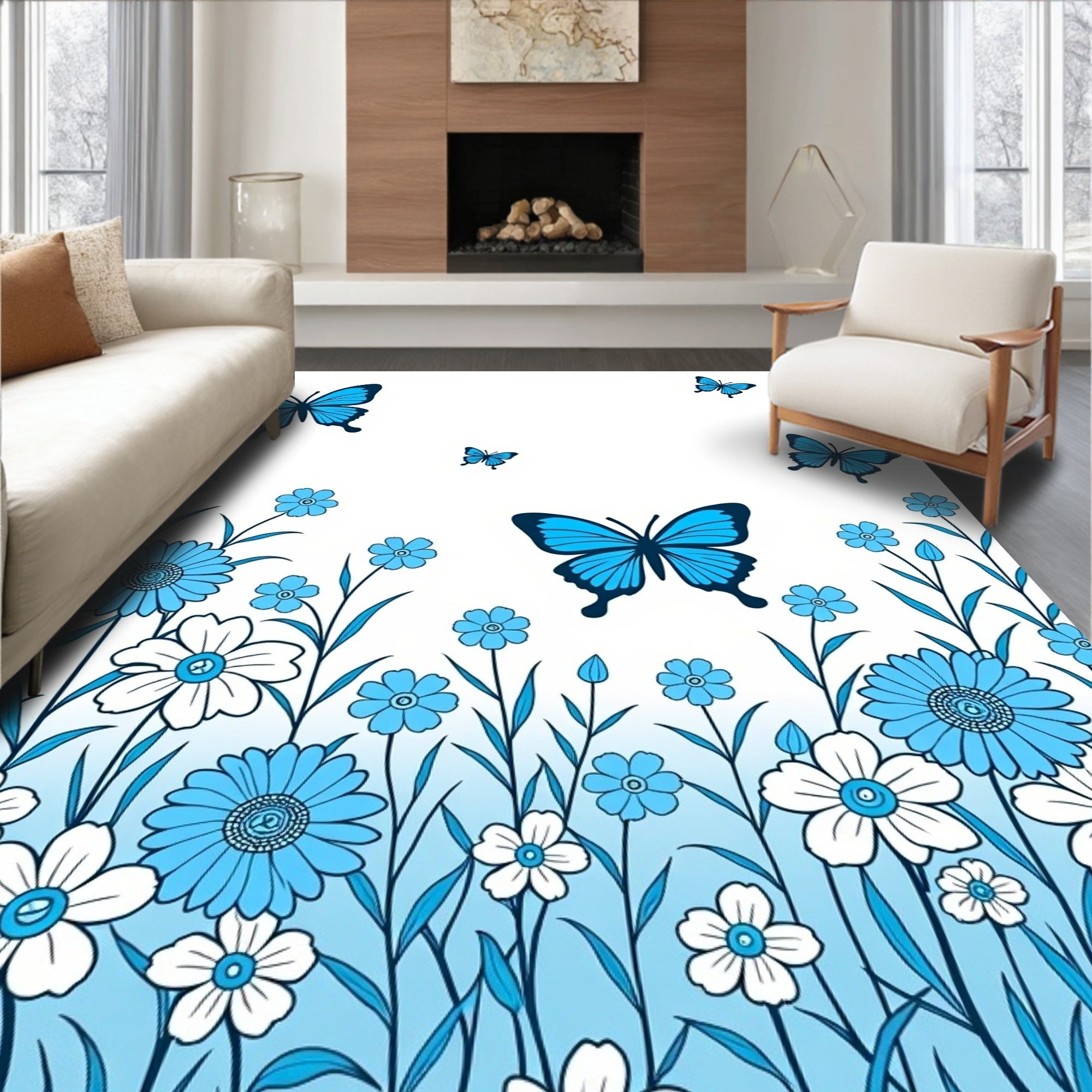 Blue Butterflies Floral Garden Design Rug