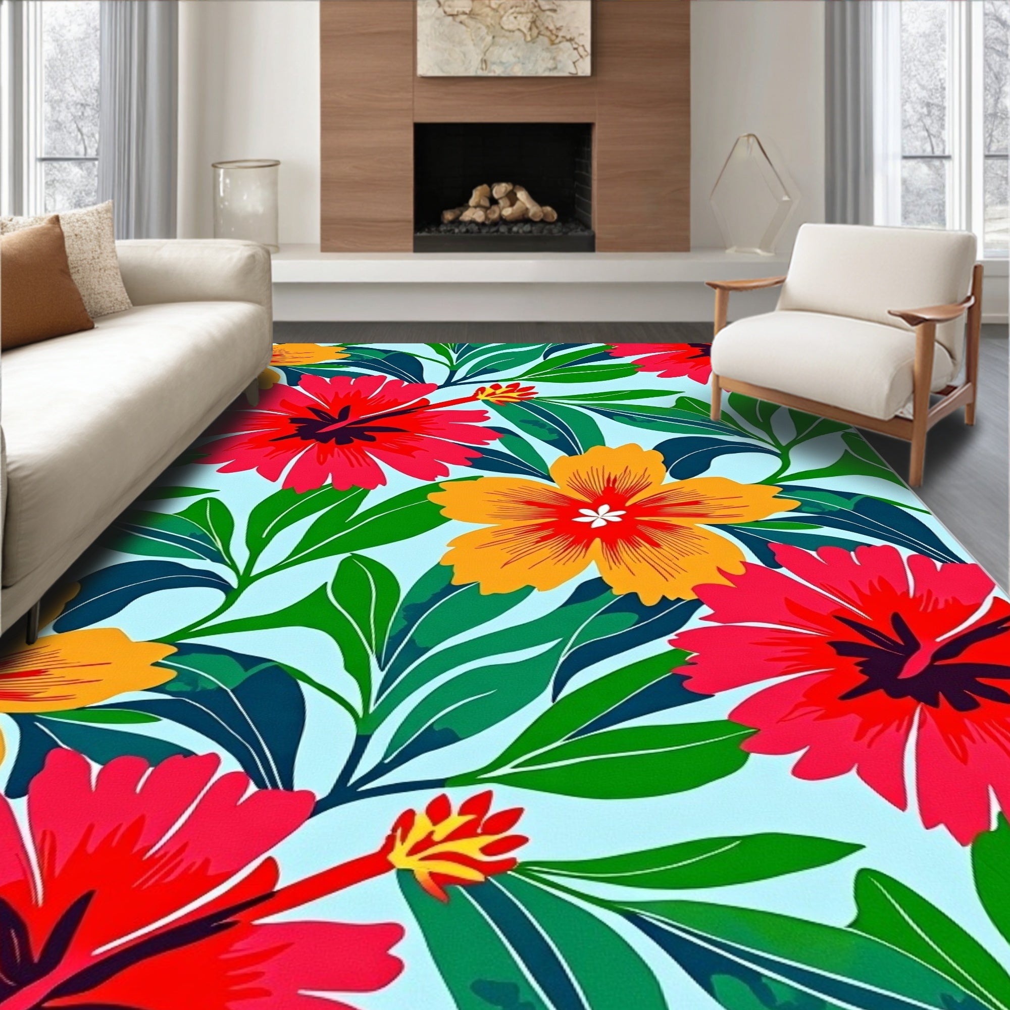 Vibrant Tropical Hibiscus Flower Pattern Rug