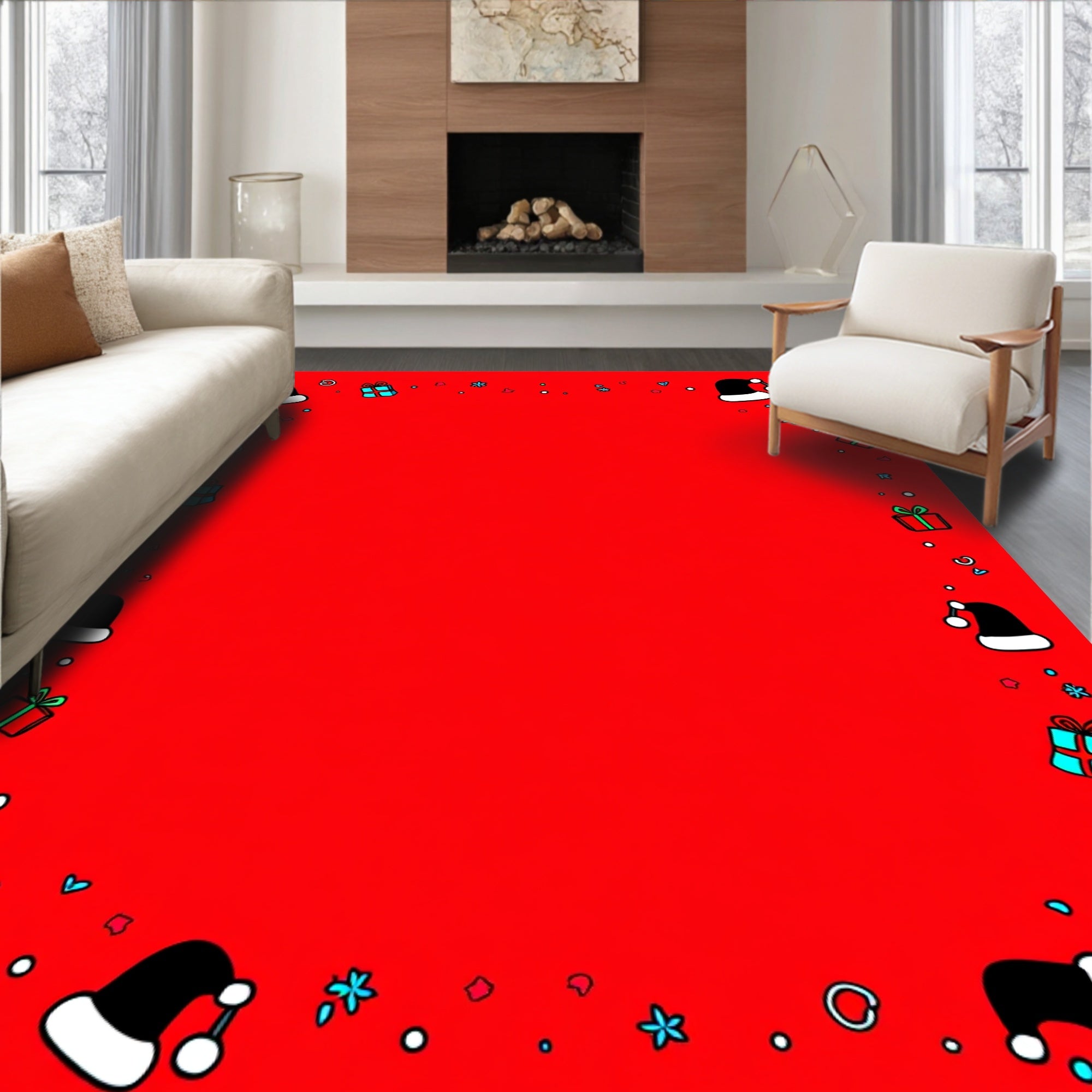 Festive Red Santa Hat Gift Border Rug