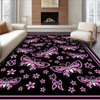 Pink Butterfly Garden Black Rug