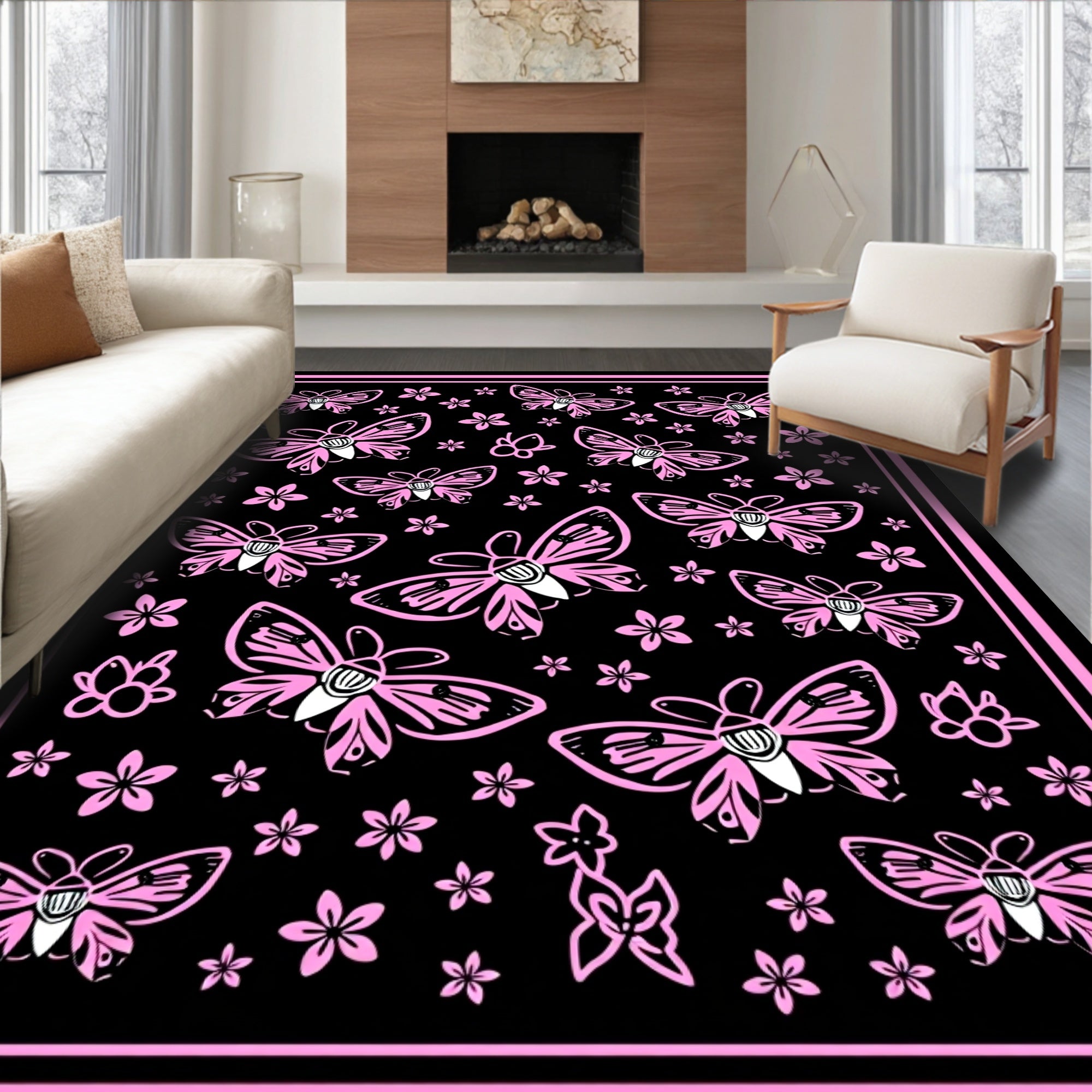 Pink Butterfly Garden Black Rug
