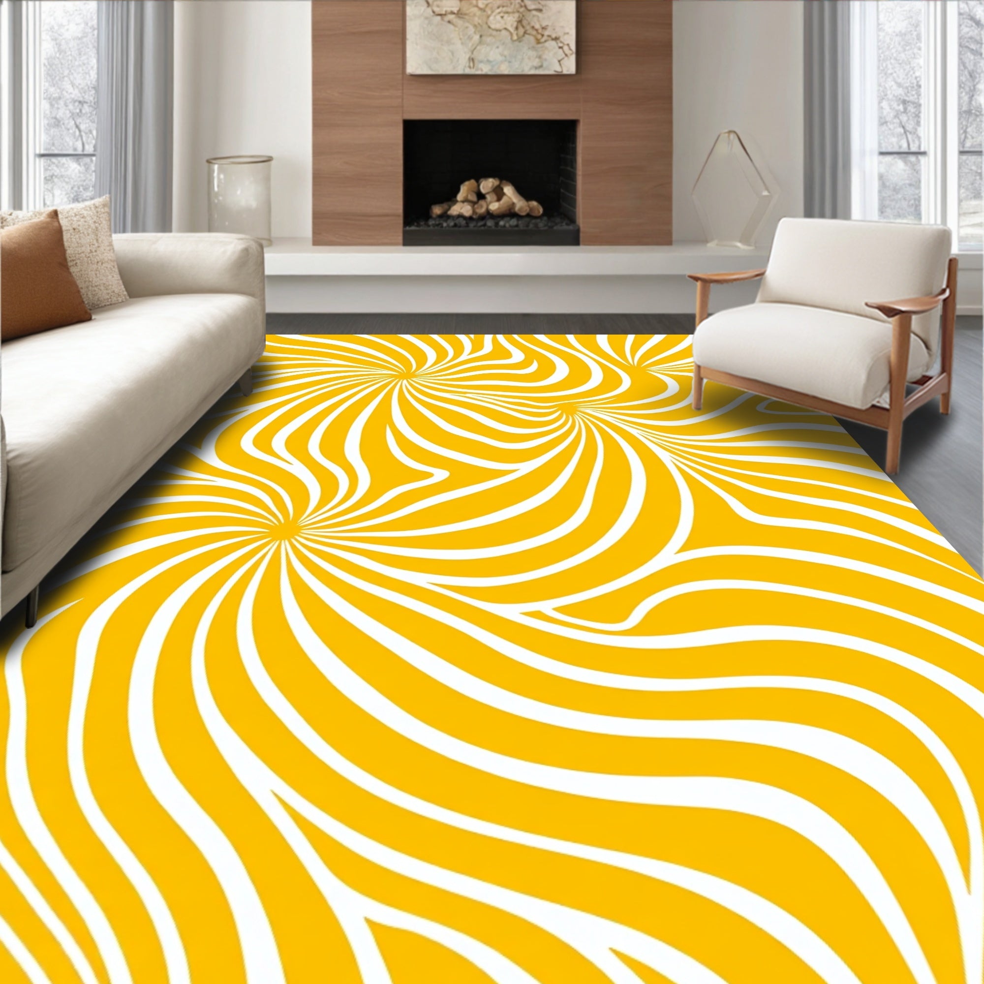 Swirling Yellow White Abstract Lines Rug