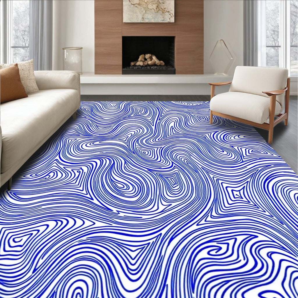 Abstract Blue Wavy Contour Design Rug