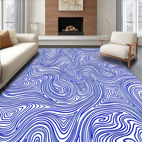 Abstract Blue Wavy Contour Design Rug