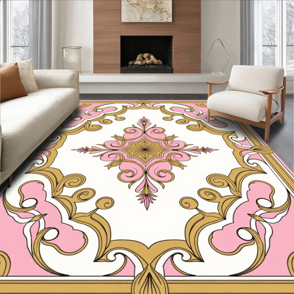 Elegant Pink and Gold Floral Scroll Rug