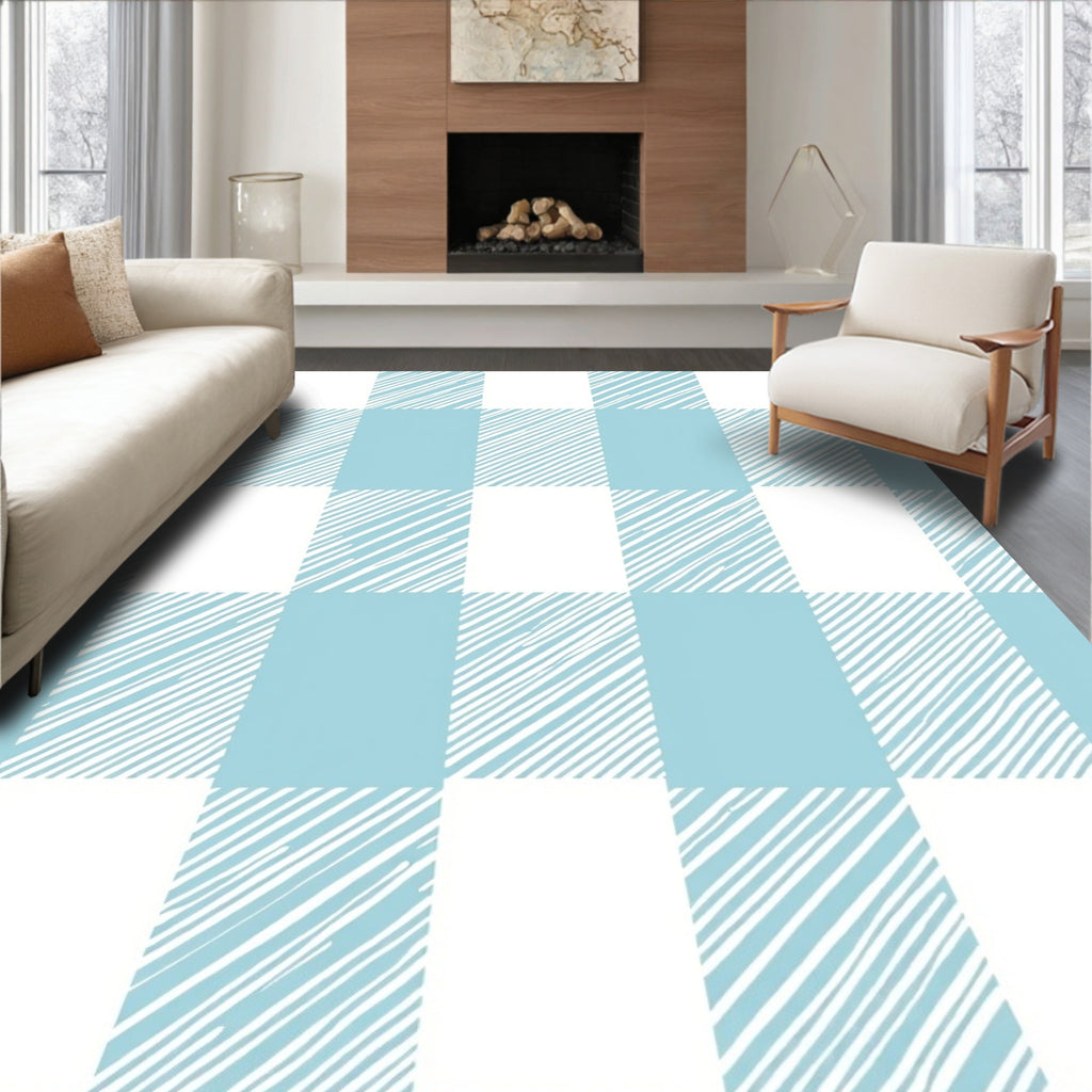 Blue White Checked Hand-Drawn Square Pattern Rug