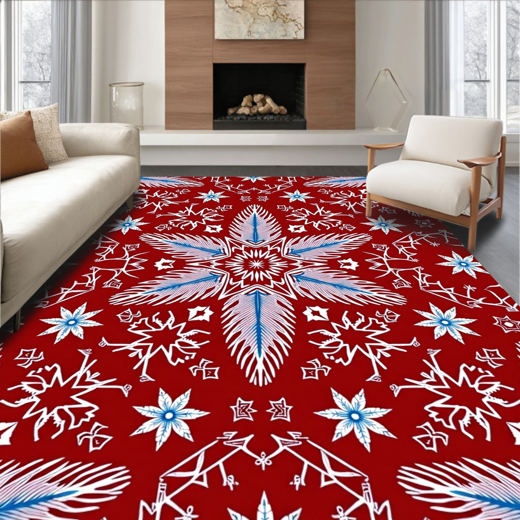 Crimson Snowflake Mandalas White Blue Rug