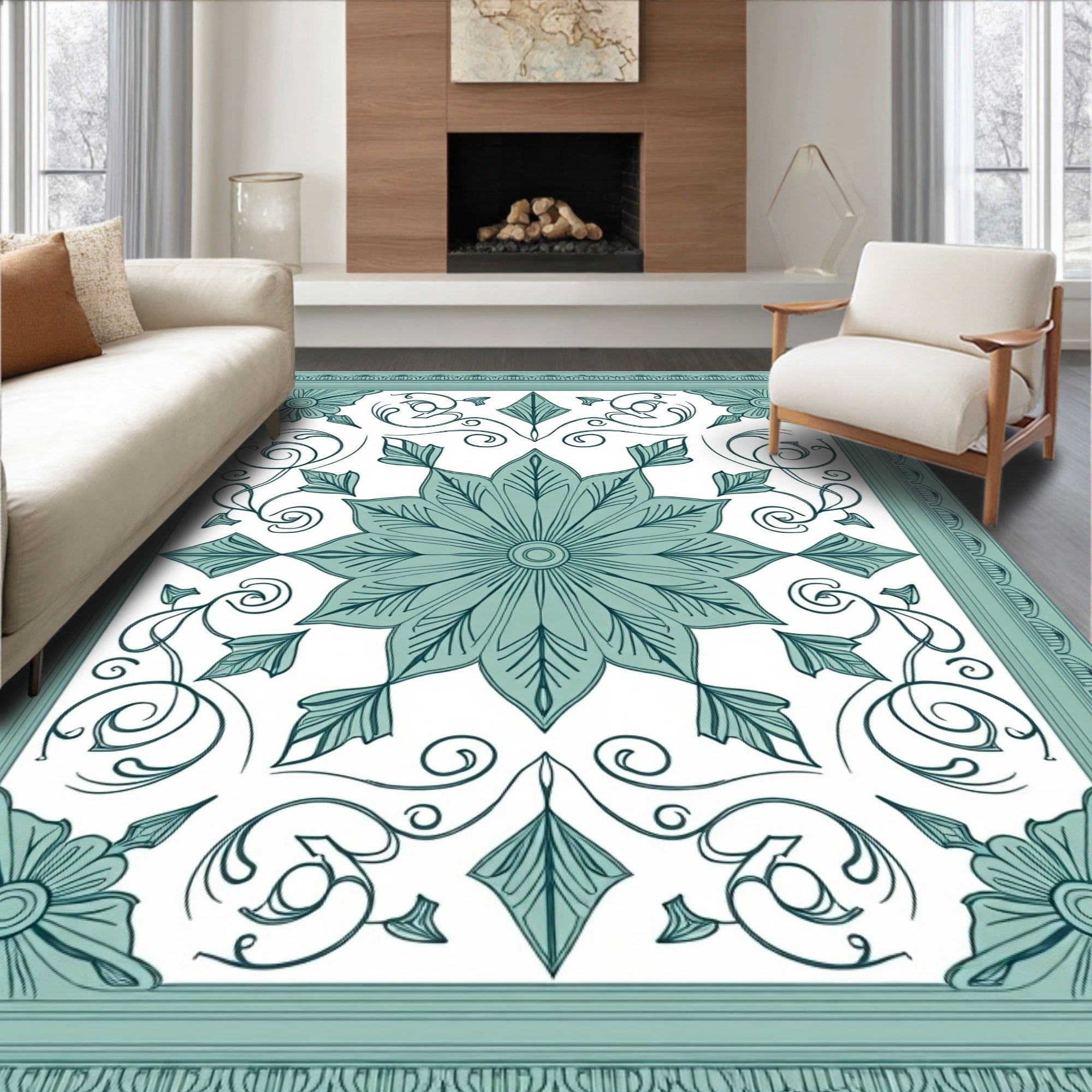 Artistic Teal Floral Swirl Pattern Rug