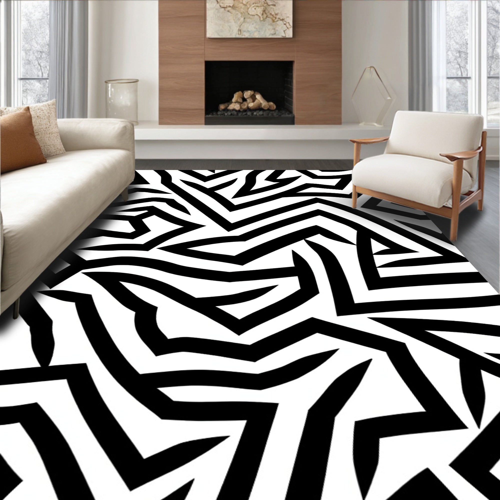 Abstract Black White Geometric Design Rug