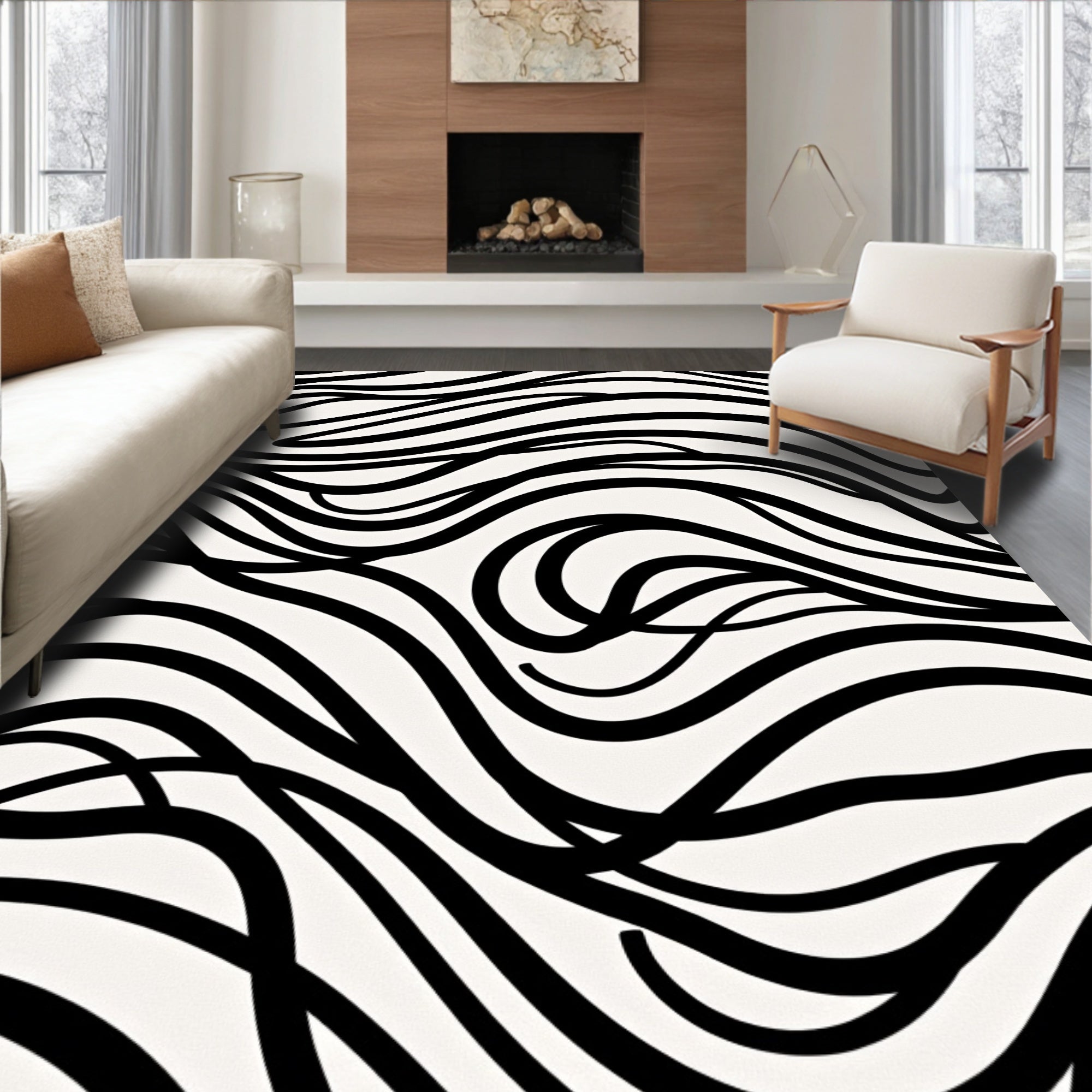 Abstract Black And White Swirl Pattern Rug