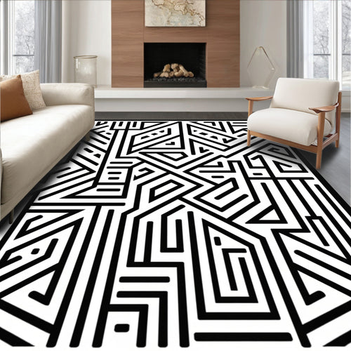 Abstract Labyrinth Black White Pattern Design Rug