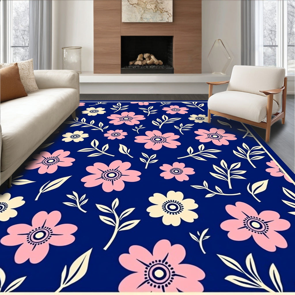 Floral Pattern Dark Blue Accent Rug