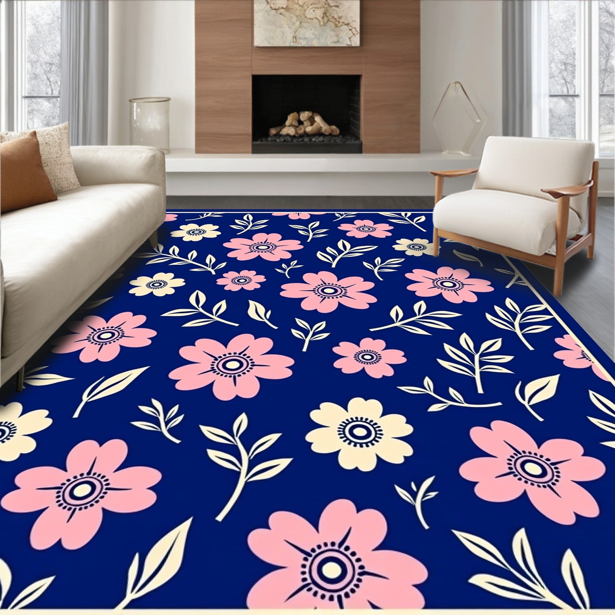 Floral Pattern Dark Blue Accent Rug