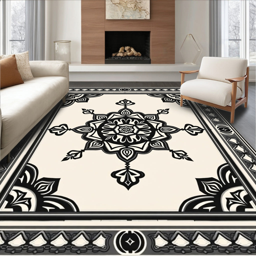 Black and White Floral Mandala Rug