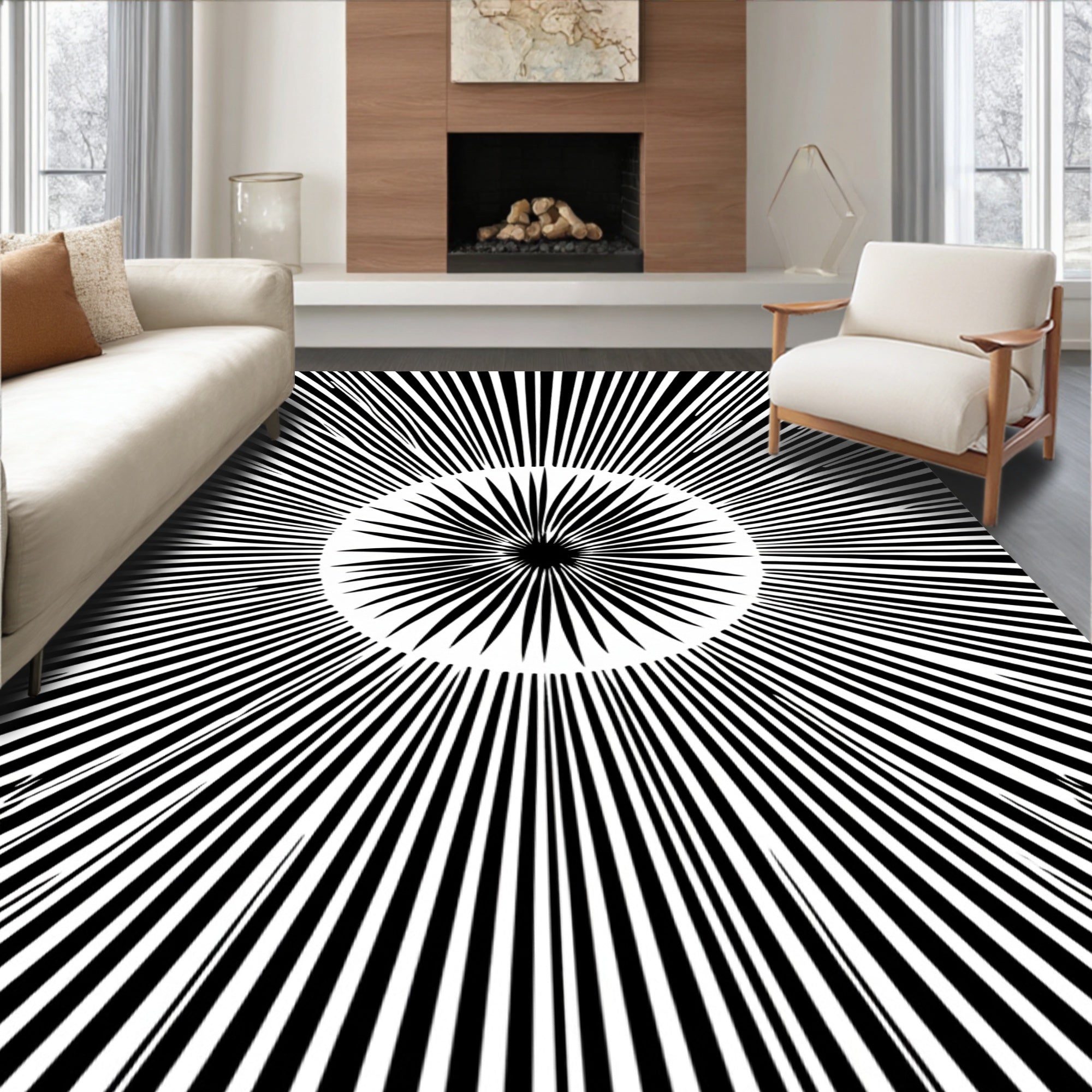 Black White Radial Sunburst Pattern Rug