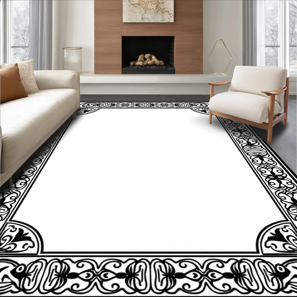 Ornate Scrollwork Black Geometric Trim Rug