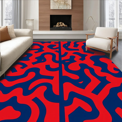 Abstract Red Blue Wavy Pattern Rug
