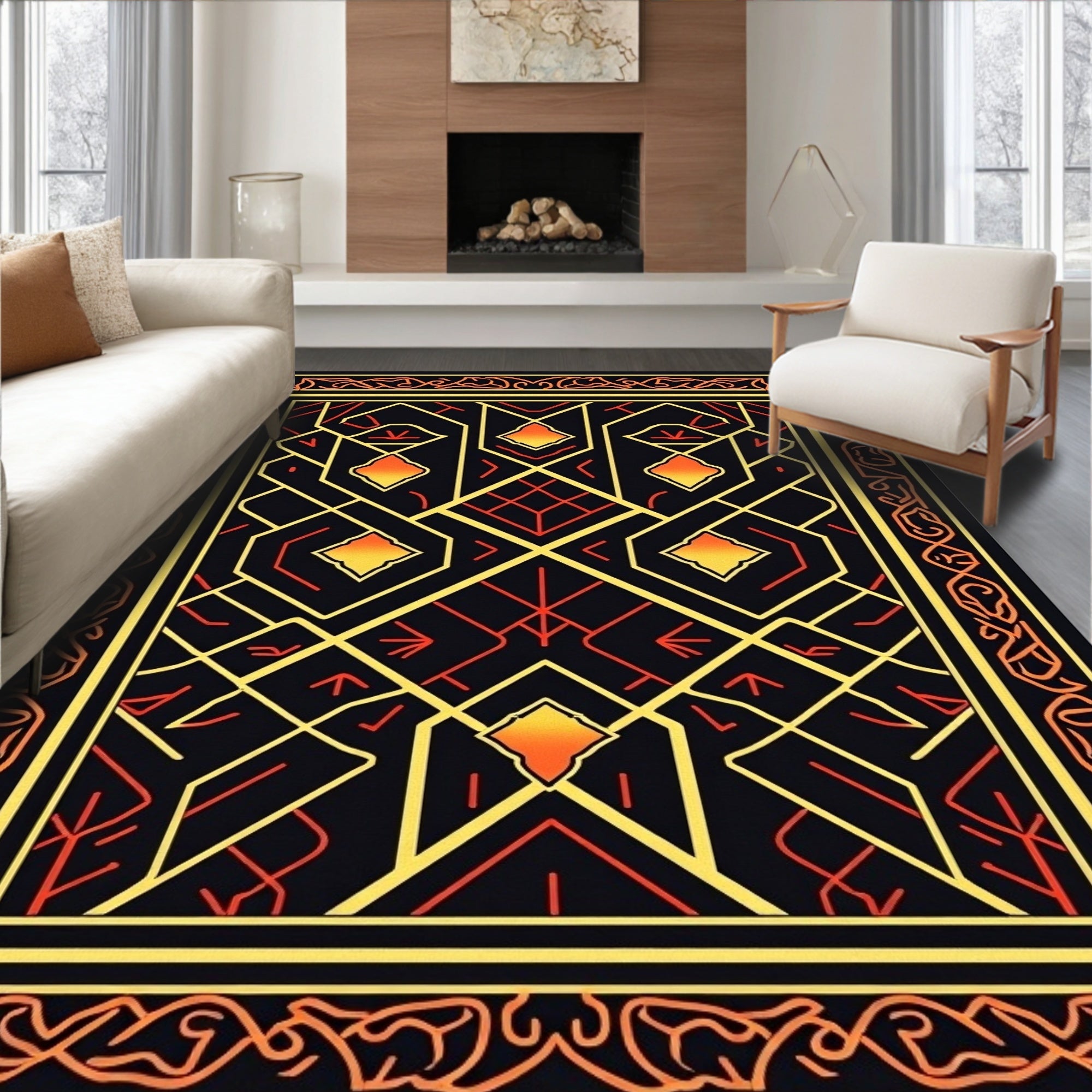 Geometric Fire Gold Art Deco Design Rug