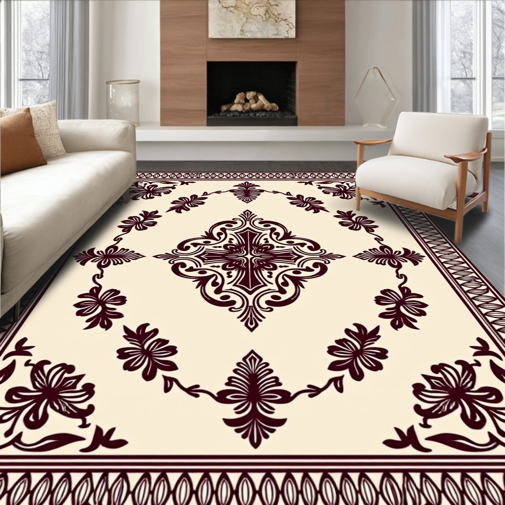 Cream Burgundy Ornamental Floral Pattern Rug