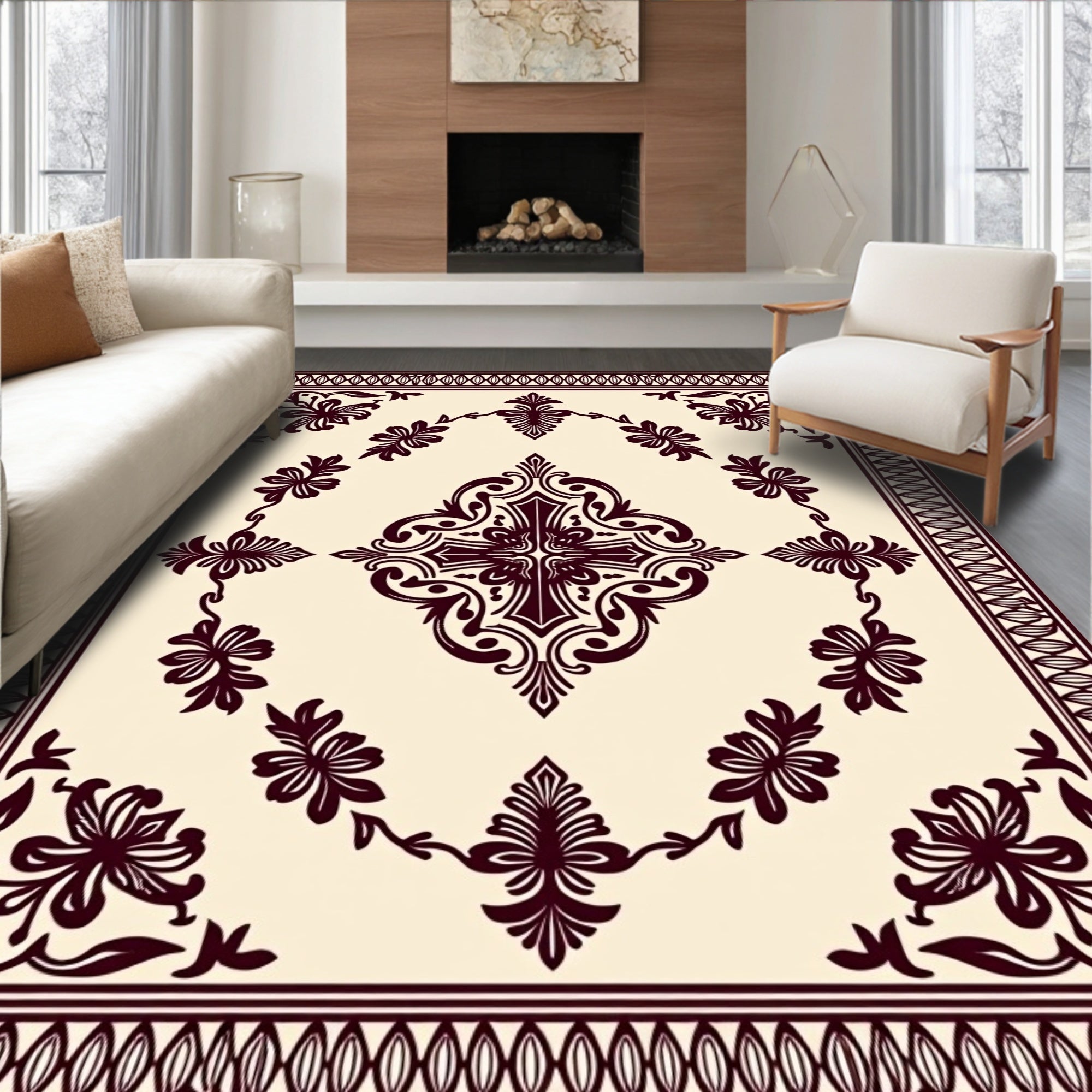 Cream Burgundy Ornamental Floral Pattern Rug