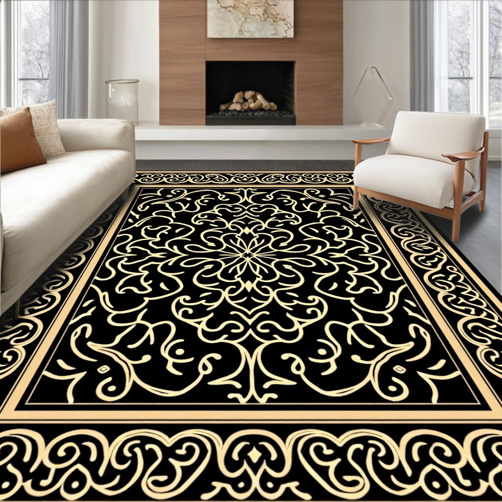 Golden Floral Scrollwork Black Rug