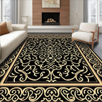 Golden Floral Scrollwork Black Rug